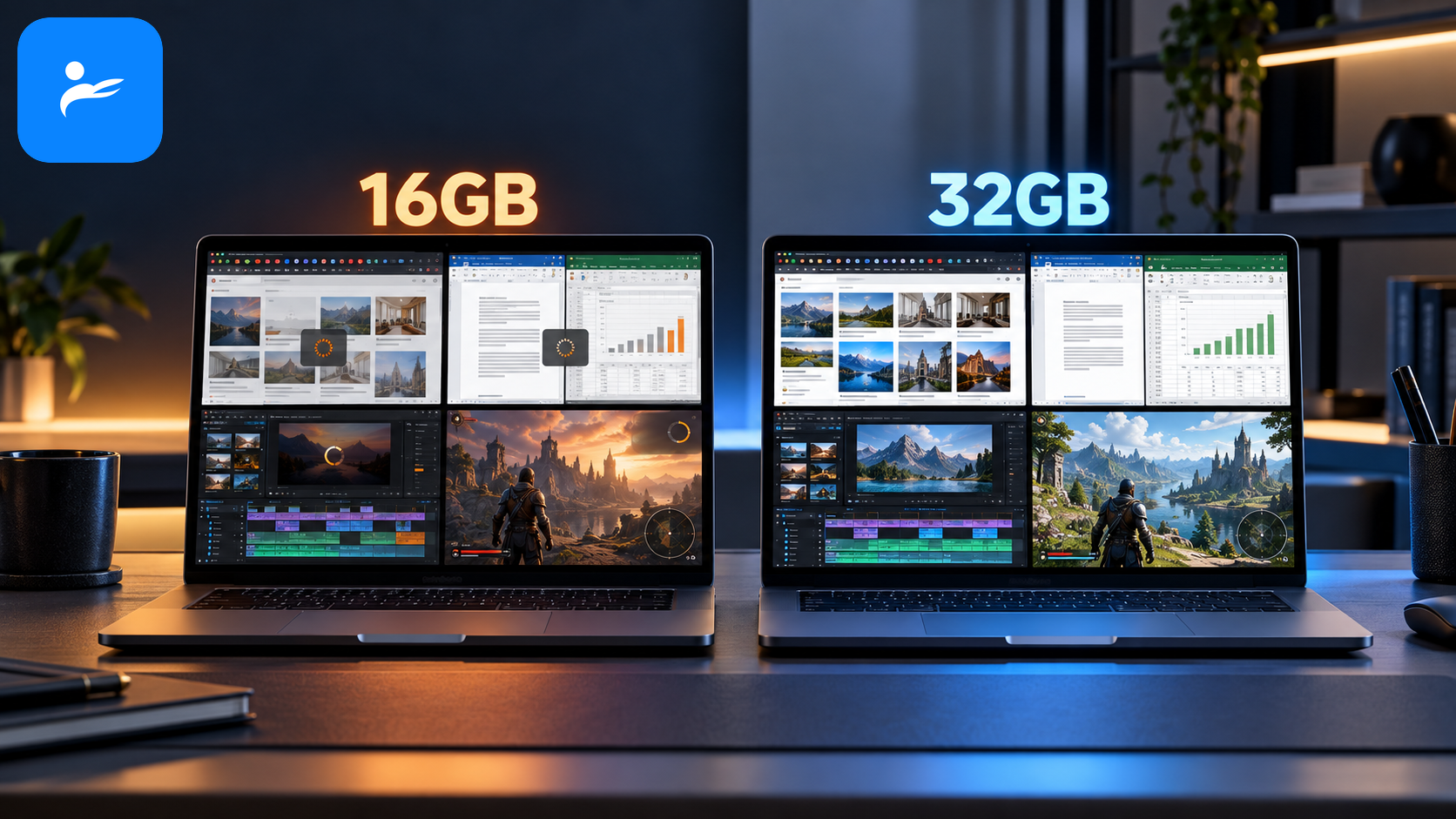 16GB與32GB筆電並排開啟瀏覽器、Office、剪輯軟體與遊戲的多工情境比較