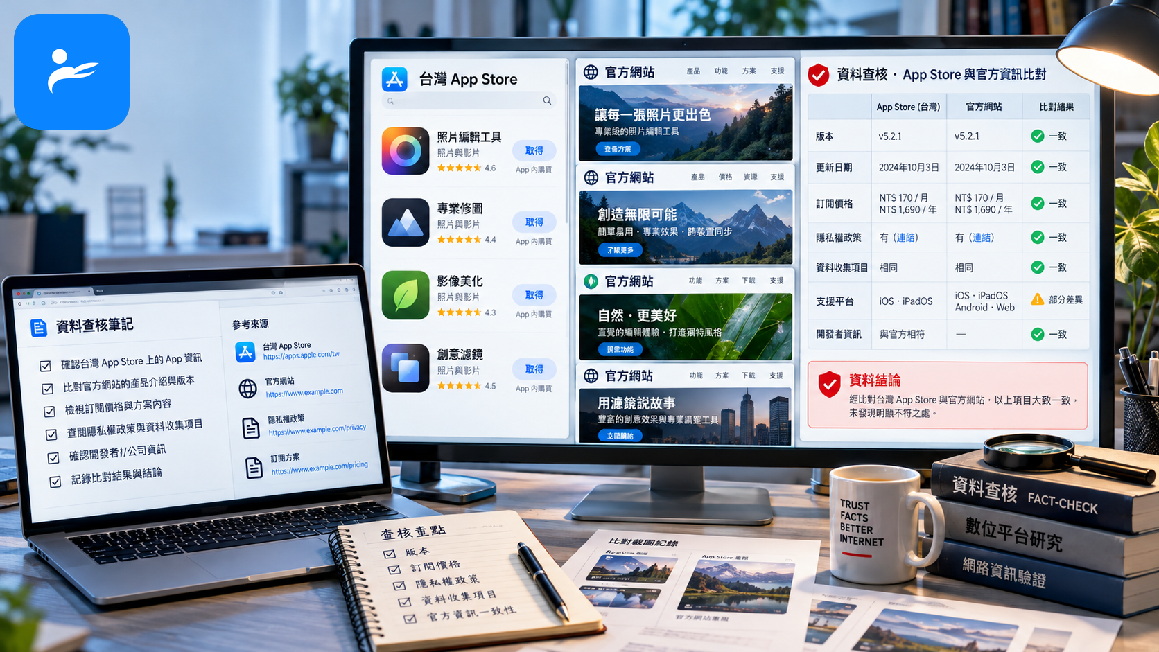 台灣 Apple App Store 與各修圖 App 官方網站資料頁面的資料查核畫面