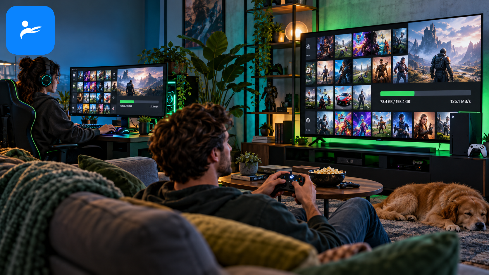 PC 與 Xbox 主機玩家同時瀏覽 Game Pass 遊戲庫並下載大型遊戲