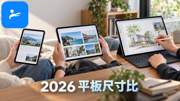 8 吋、11 吋與 13 吋平板並排比較實際大小與使用姿勢