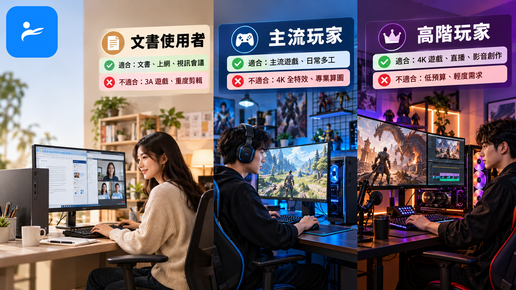 文書使用者、主流玩家與高階玩家分別坐在三種預算桌機前,旁邊標示適合與不適合情境
