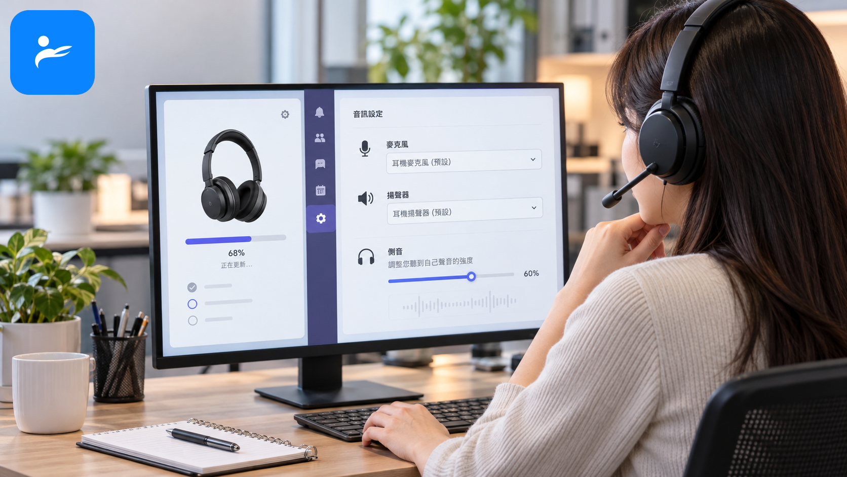 使用者在電腦上更新耳機韌體並設定Teams麥克風、揚聲器與側音功能
