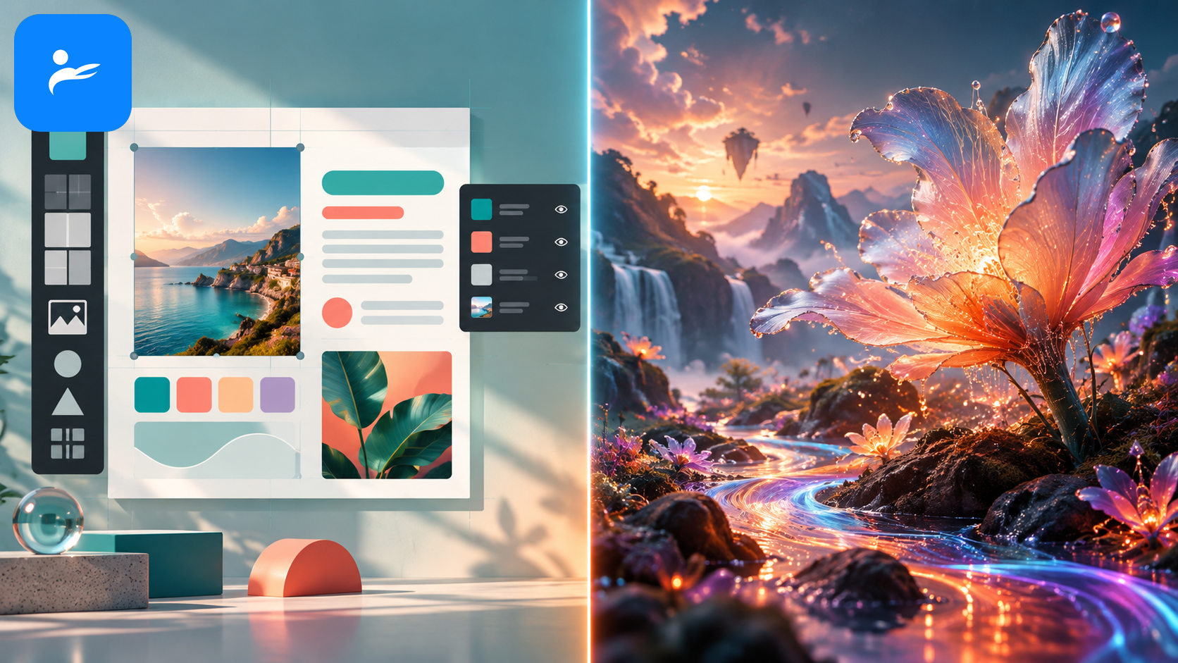 Canva 社群貼文版型與 Adobe Firefly 生成圖片並排比較，呈現設計排版和純影像生成差異