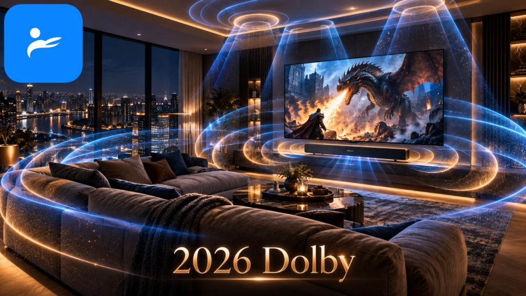 Dolby Atmos Soundbar 在客廳播放電影，聲音從前方、側面與天花板方向包圍沙發